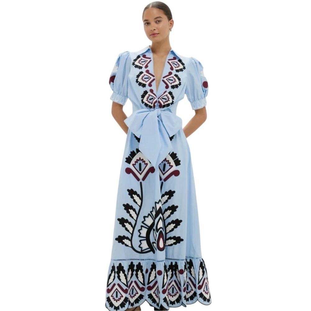 NWT Farm Rio Women's Medium Blue Artisanal Short Sleeve Maxi Dress $410 Boho New - Picture 2 of 16